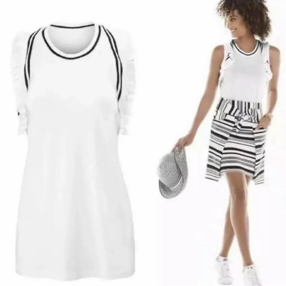 CAbi Small Topspin Sporty Ruffle Trim Sleeveless Top White Black Cotton 5199